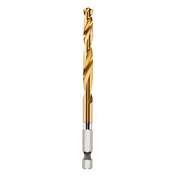 17/64" SHOCKWAVE RED HELIX Titanium Drill Bit with a hex shank, gold-colored twist shaft, and silver base for high durability.