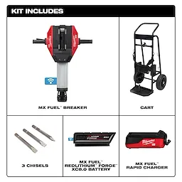 The MX FUEL Breaker Kit includes an MX FUEL breaker, cart, three chisels, an MX FUEL Redlithium Forge XC8.0 battery, and MX FUEL rapid charger.