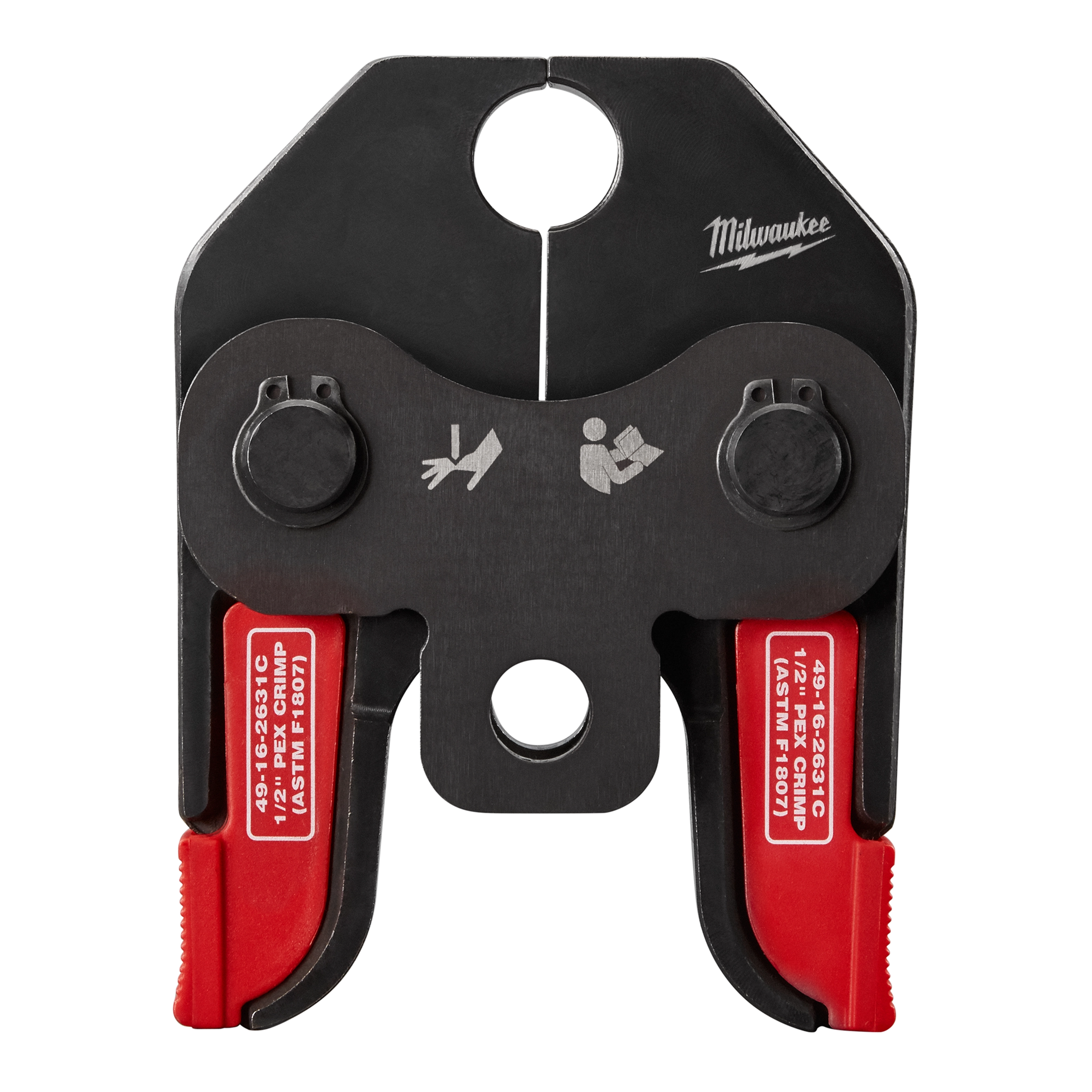 PEX Crimp Jaws with black upper and red lower jaws feature markings and engravings for 1/2-inch size, manufactured by Milwaukee.
