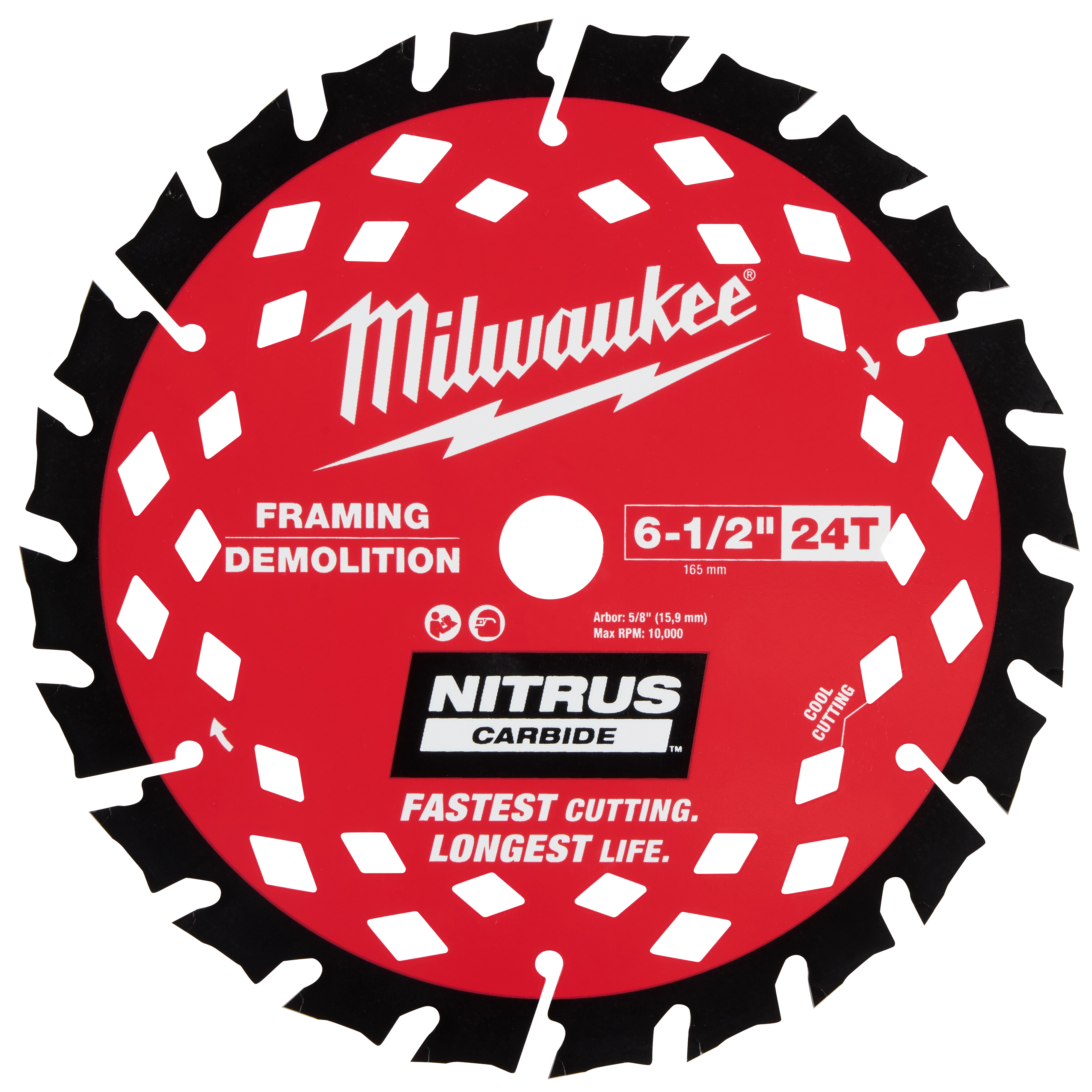 Milwaukee 6-1/2" 24T Nitrus Carbide Framing & Demolition Circular Saw Blade, designed for fast cutting and long life.