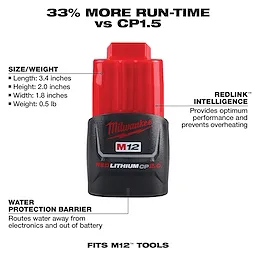 The M12 REDLITHIUM CP2.0 Battery provides 33% more run-time compared to CP1.5, features RedLink Intelligence, and fits M12 tools.