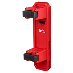 Red PACKOUT Long Handle Tool Holder with adjustable black straps, designed for secure long handle tool storage, featuring a vertical frame.