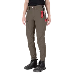 A person is wearing Women's GRIDIRON™ Double Knee Jogger Pants - Brown. The pants have multiple pockets and tools attached, such as a red utility knife, and are paired with black boots.