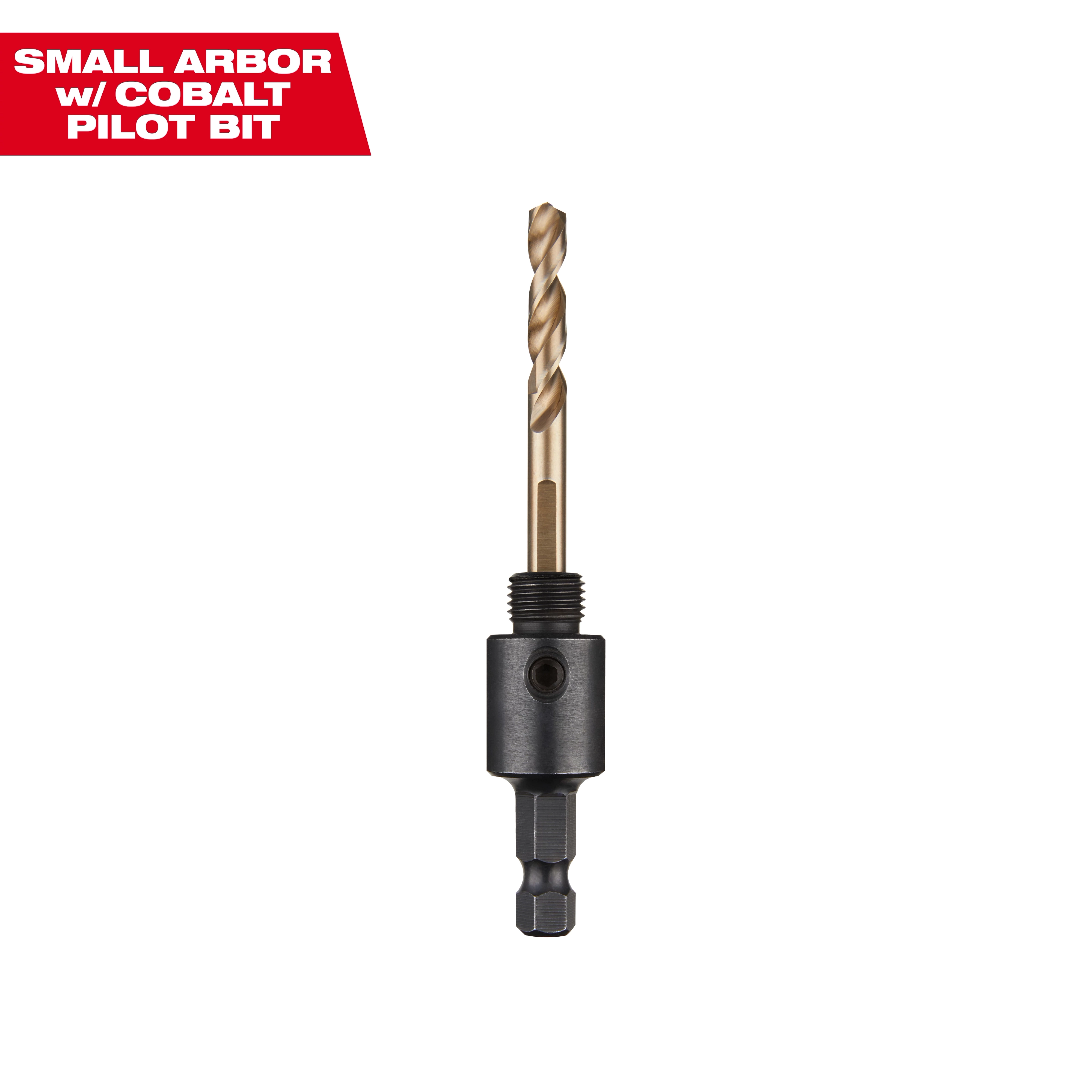 HOLE DOZER with Carbide Teeth Small Arbor with Cobalt Pilot Bit features a gold, helical drill bit attached to a black arbor.