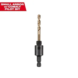 HOLE DOZER with Carbide Teeth Small Arbor with Cobalt Pilot Bit features a gold, helical drill bit attached to a black arbor.