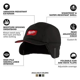 Milwaukee Sherpa-Lined Hat with foldable ear and neck flaps and rear adjustable cinch on a plain background.
