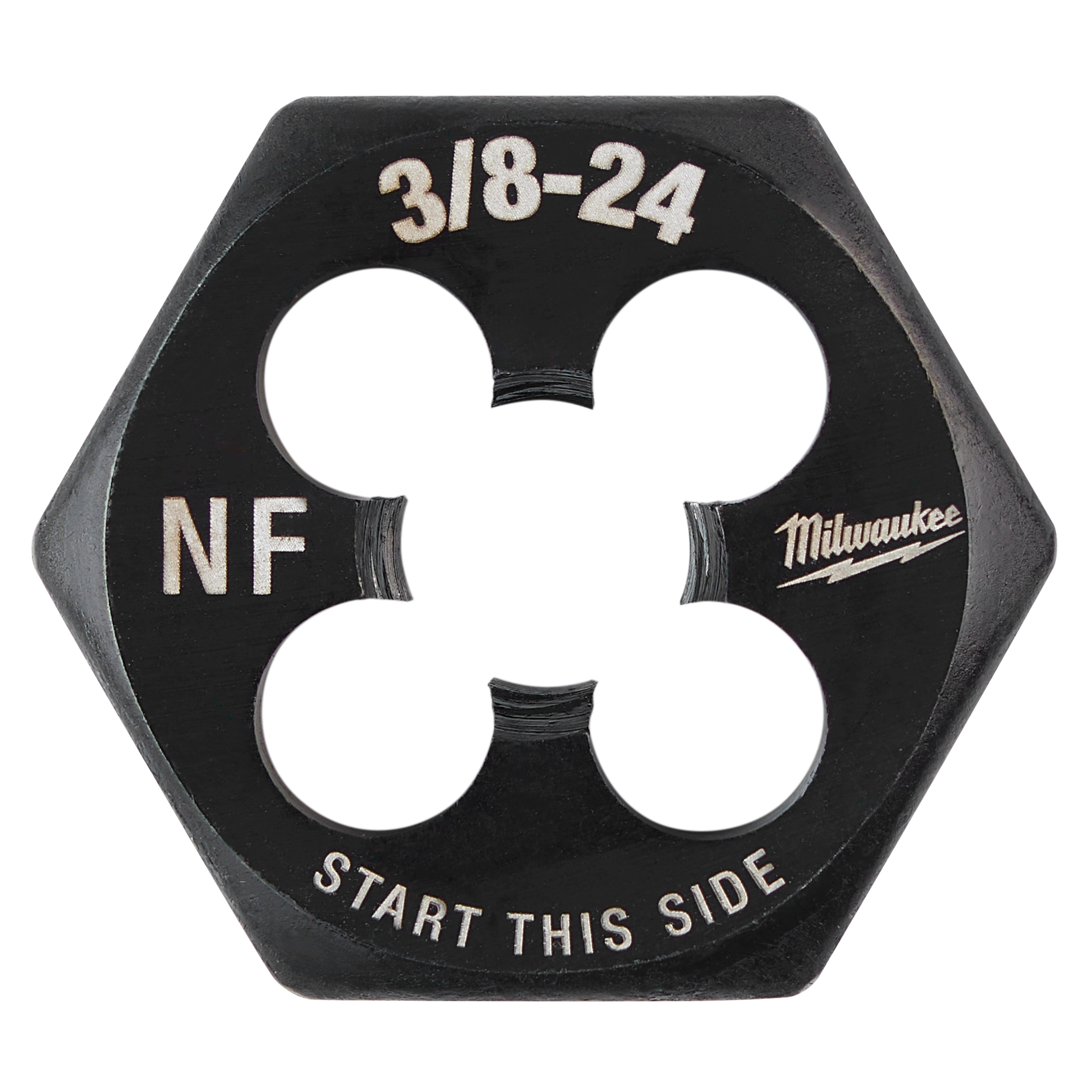 Milwaukee 3/8"-24 NF 1-inch hex threading die with black finish, four cutting edges, and "START THIS SIDE" text.