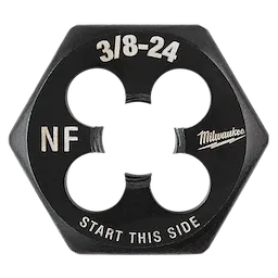 Milwaukee 3/8"-24 NF 1-inch hex threading die with black finish, four cutting edges, and "START THIS SIDE" text.