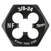 Milwaukee 3/8"-24 NF 1-inch hex threading die with black finish, four cutting edges, and "START THIS SIDE" text.