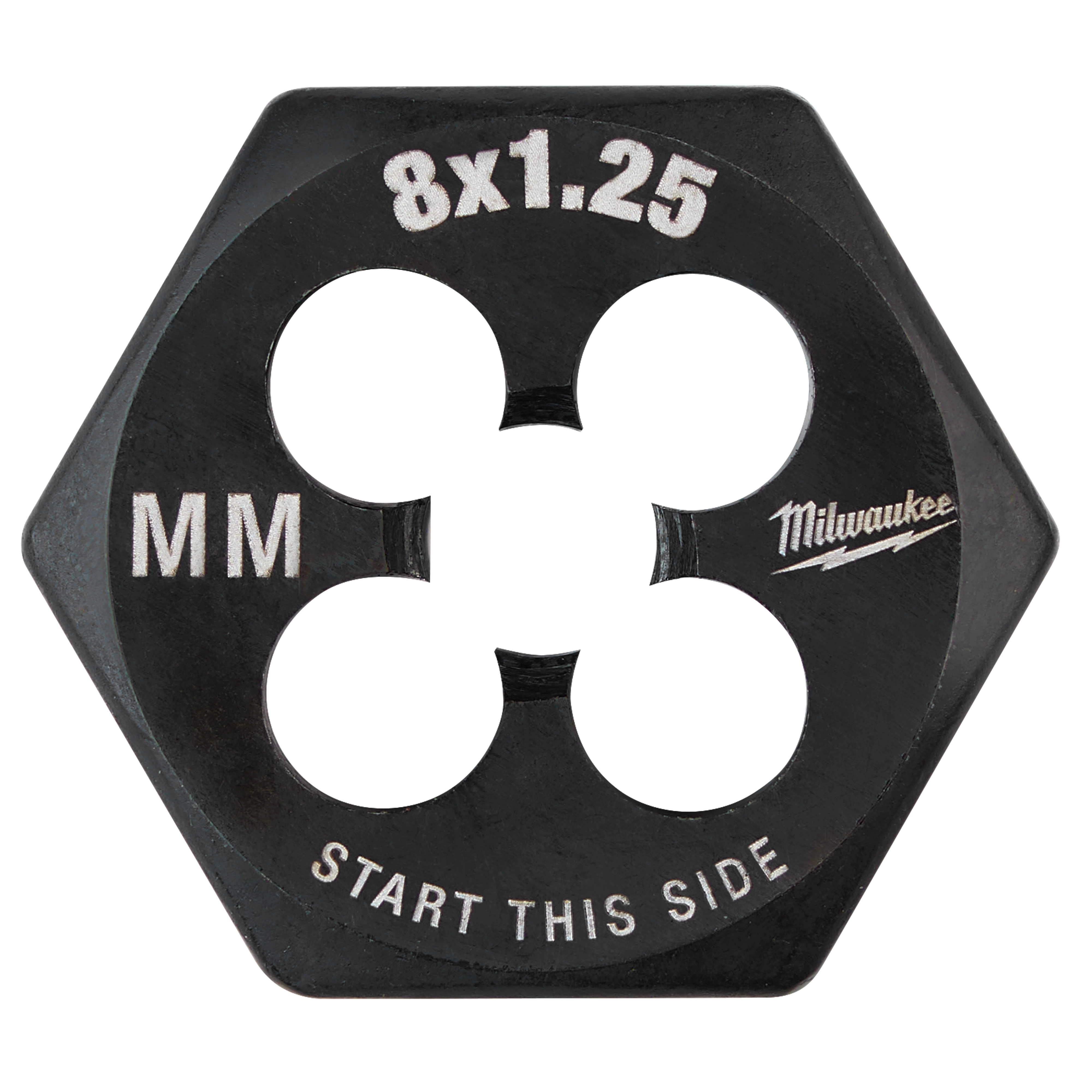 M8-1.25 20mm 1-Inch Hex Threading Die for threading. Black hexagonal die with "8x1.25," "MM," and "Start This Side" marked.