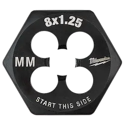 M8-1.25 20mm 1-Inch Hex Threading Die for threading. Black hexagonal die with "8x1.25," "MM," and "Start This Side" marked.