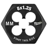 M8-1.25 20mm 1-Inch Hex Threading Die for threading. Black hexagonal die with "8x1.25," "MM," and "Start This Side" marked.