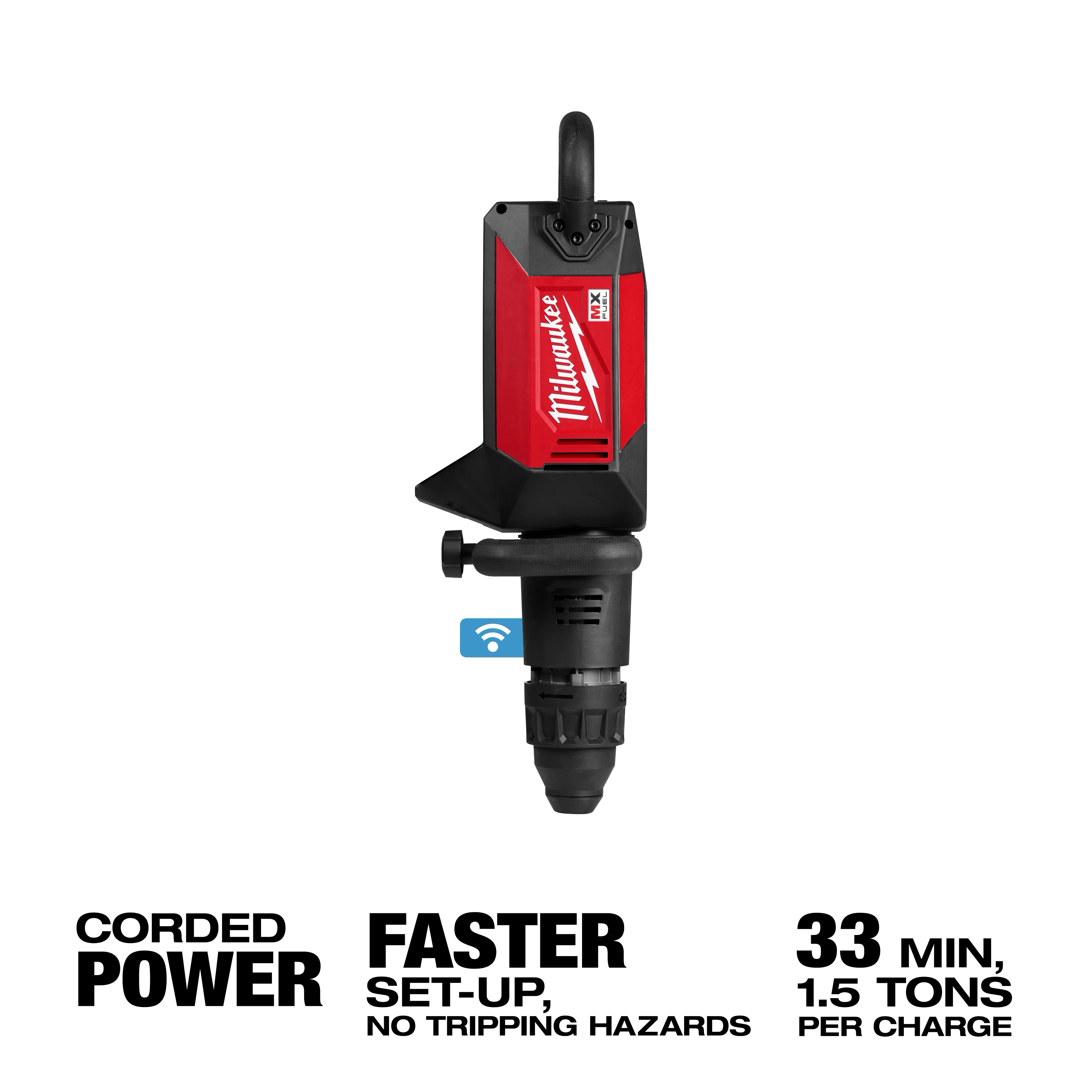 MX FUEL 27 lb SDS MAX Demolition Hammer standing upright with text about corded power and faster setup.