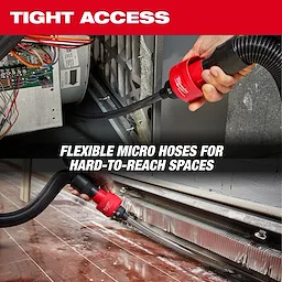 A product image of the AIR-TIP™ Long Reach Flexible Micro Hose Set. The image shows a person using the hose to clean tight and hard-to-reach spaces around electronic components and under appliances. The text highlights its flexibility and suitability for tight access areas.