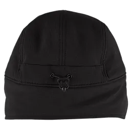 Black Sherpa-Lined Hat with an adjustable drawstring. Features a smooth, soft exterior and a warm, sherpa-lined interior for added insulation.