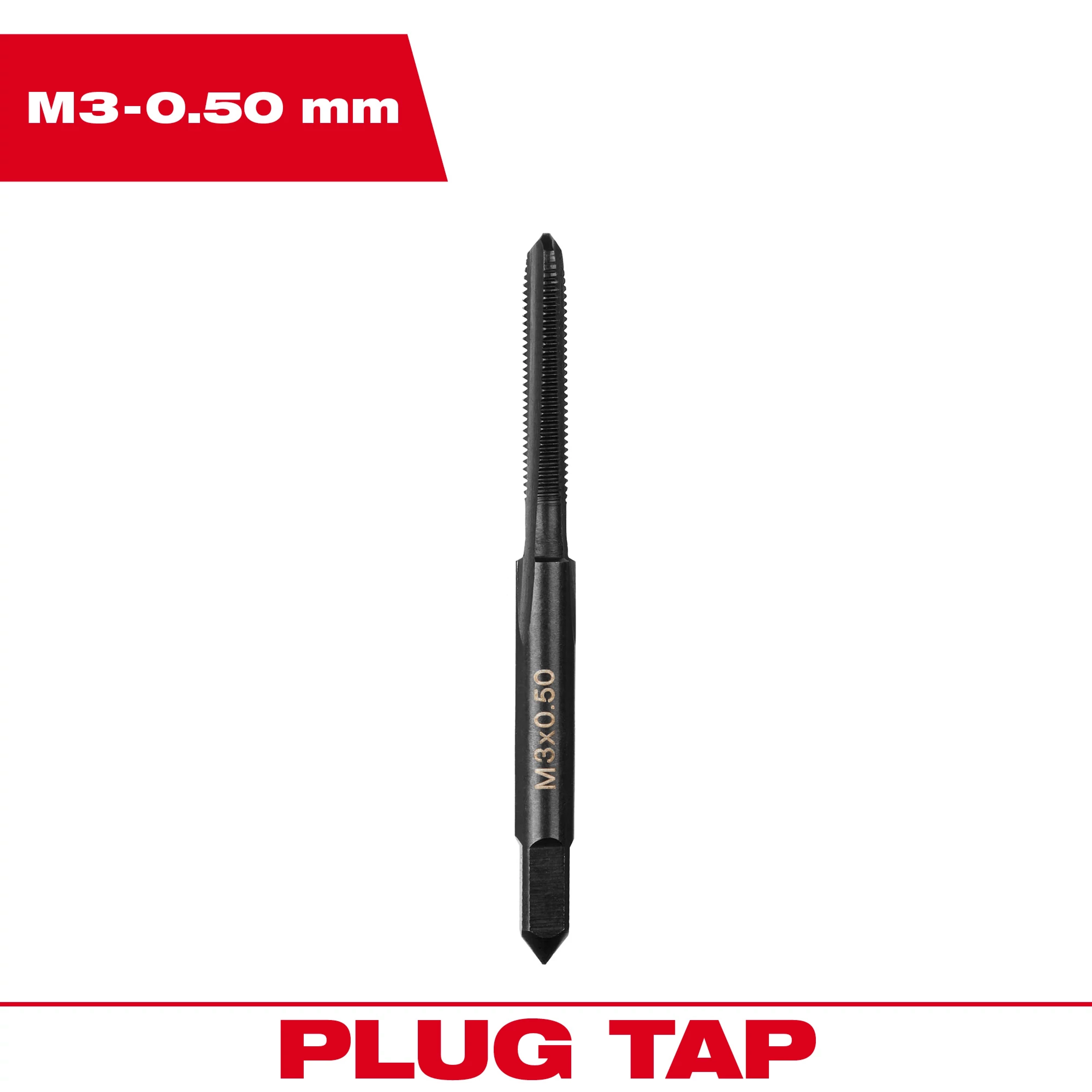 M3-0.50%20mm%20Straight%20Flute%20Plug%20Tap, a straight flute tool for threading holes, shown centered with size label.