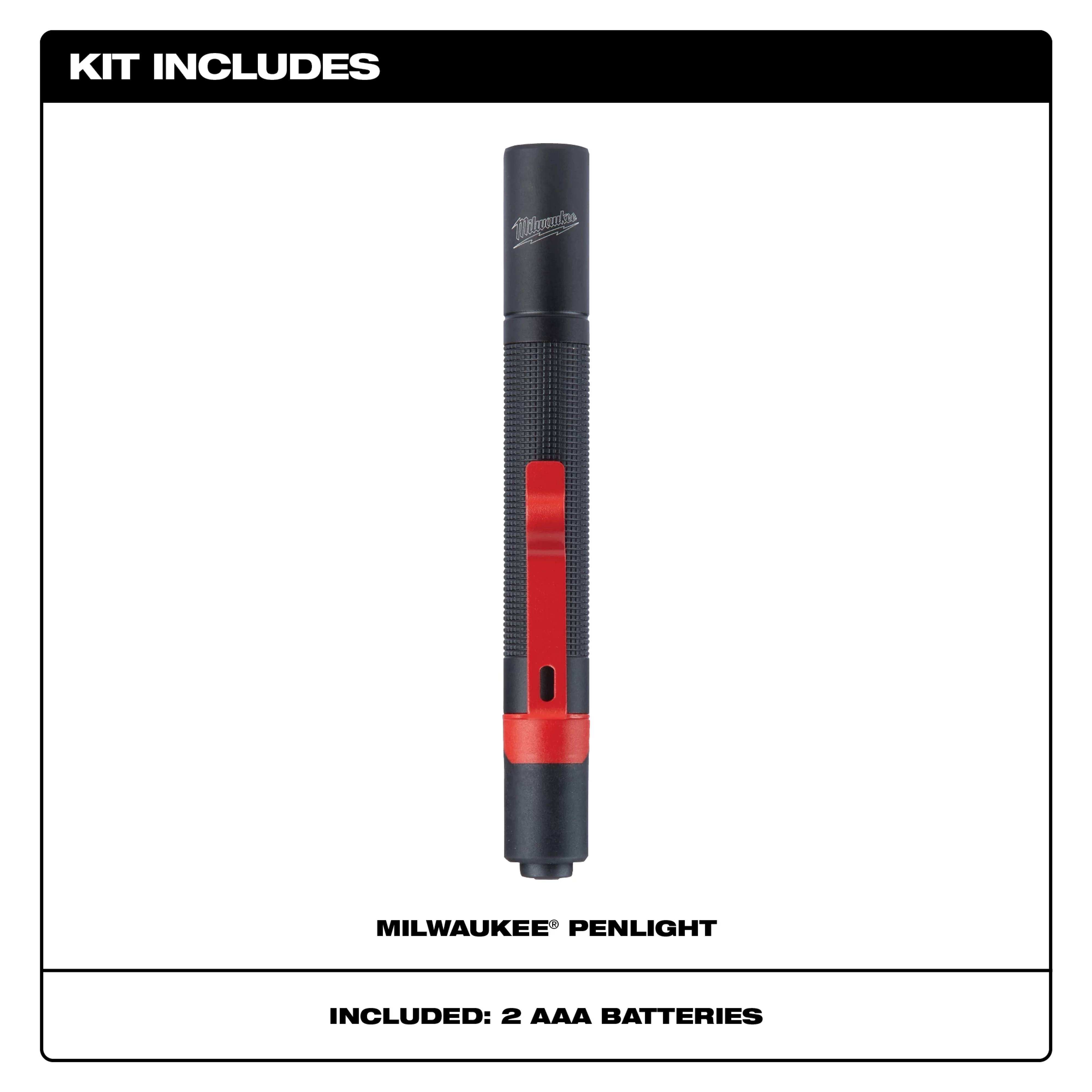 Milwaukee penlight kit includes a black and red penlight and two AAA batteries. The penlight has a textured grip and pocket clip.