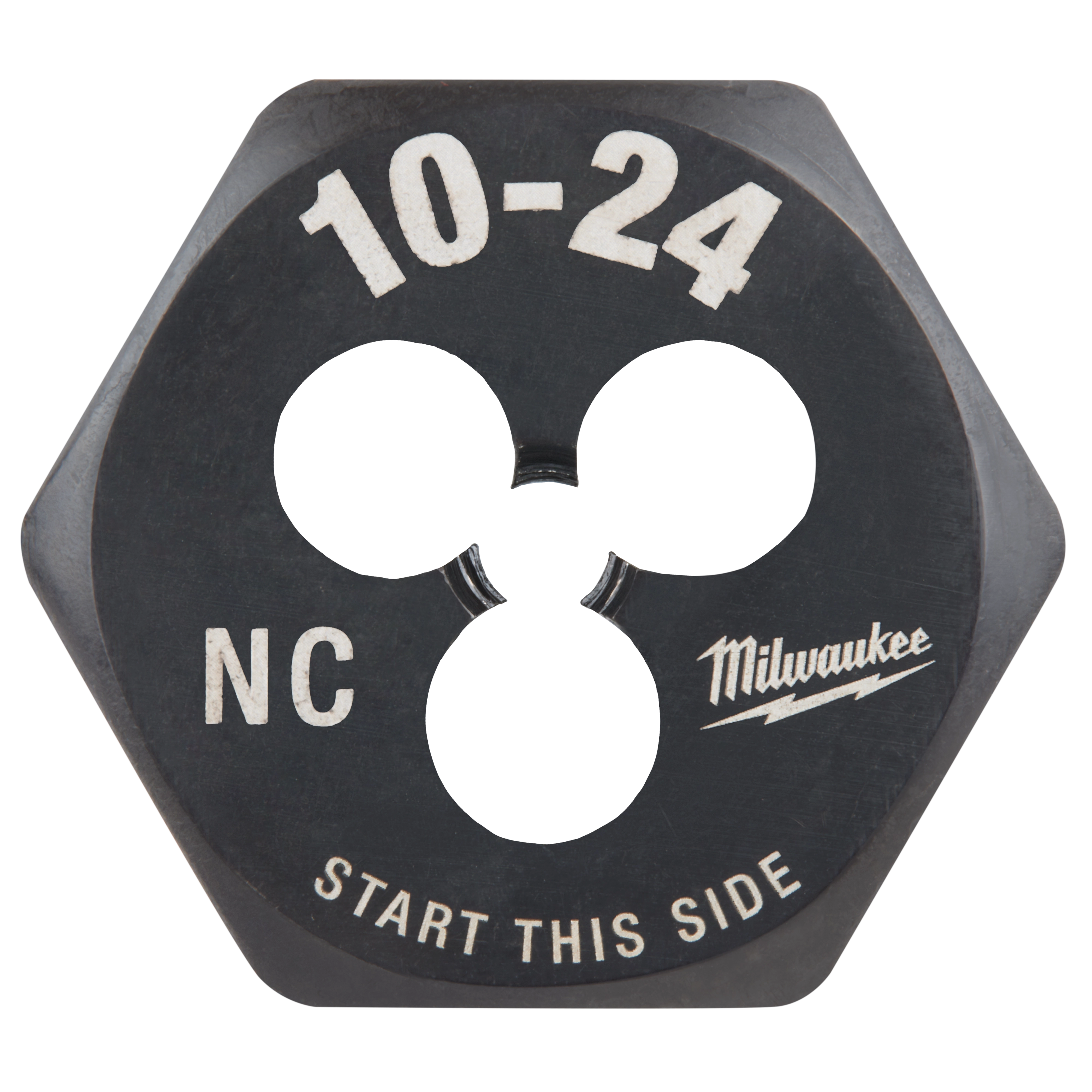 10-24 NC 1-Inch Hex Die in black, featuring three cutting holes and marked with "Start This Side" for user guidance.