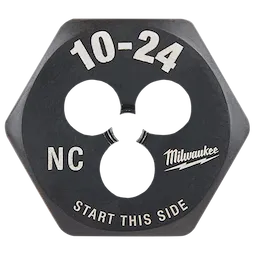 10-24 NC 1-Inch Hex Die in black, featuring three cutting holes and marked with "Start This Side" for user guidance.