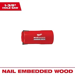 1-3/8 inch BIG HAWG with Carbide Teeth hole saw, designed for cutting nail-embedded wood. Bright red with visible blade edges.