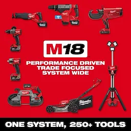 Tile image of the M18 product line with M18 logo and text "Performance driven. Trade focused. System wide. One system, 250+ tools."