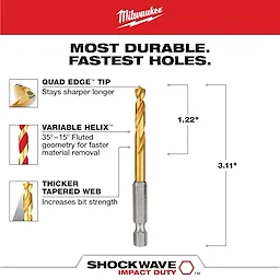 SHOCKWAVE 13/64 in. Titanium Drill Bit features quad edge tip for longer sharpness, variable helix for faster material removal, and thicker tapered web for increased strength. The bit measures 3.11 inches in total and 1.22 inches of flute length. Ideal for creating durable and fast holes.