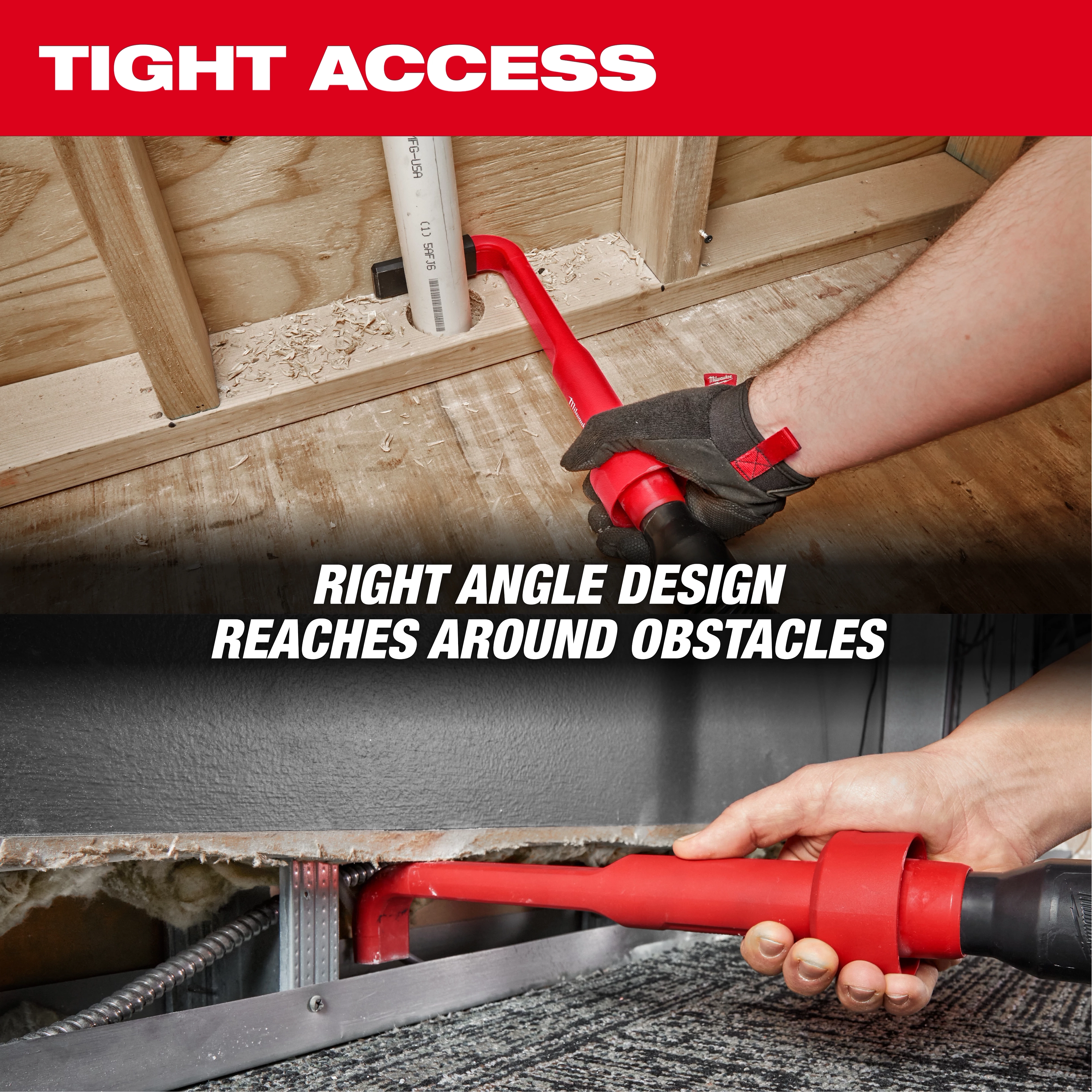 A person using the AIR-TIP™ 4-in-1 Right Angle Cleaning Tool to clean tight spaces around obstacles with its right-angle design. The tool is red, and the scene shows its application in both upper and lower areas. Text reads, "TIGHT ACCESS" and "RIGHT ANGLE DESIGN REACHES AROUND OBSTACLES."