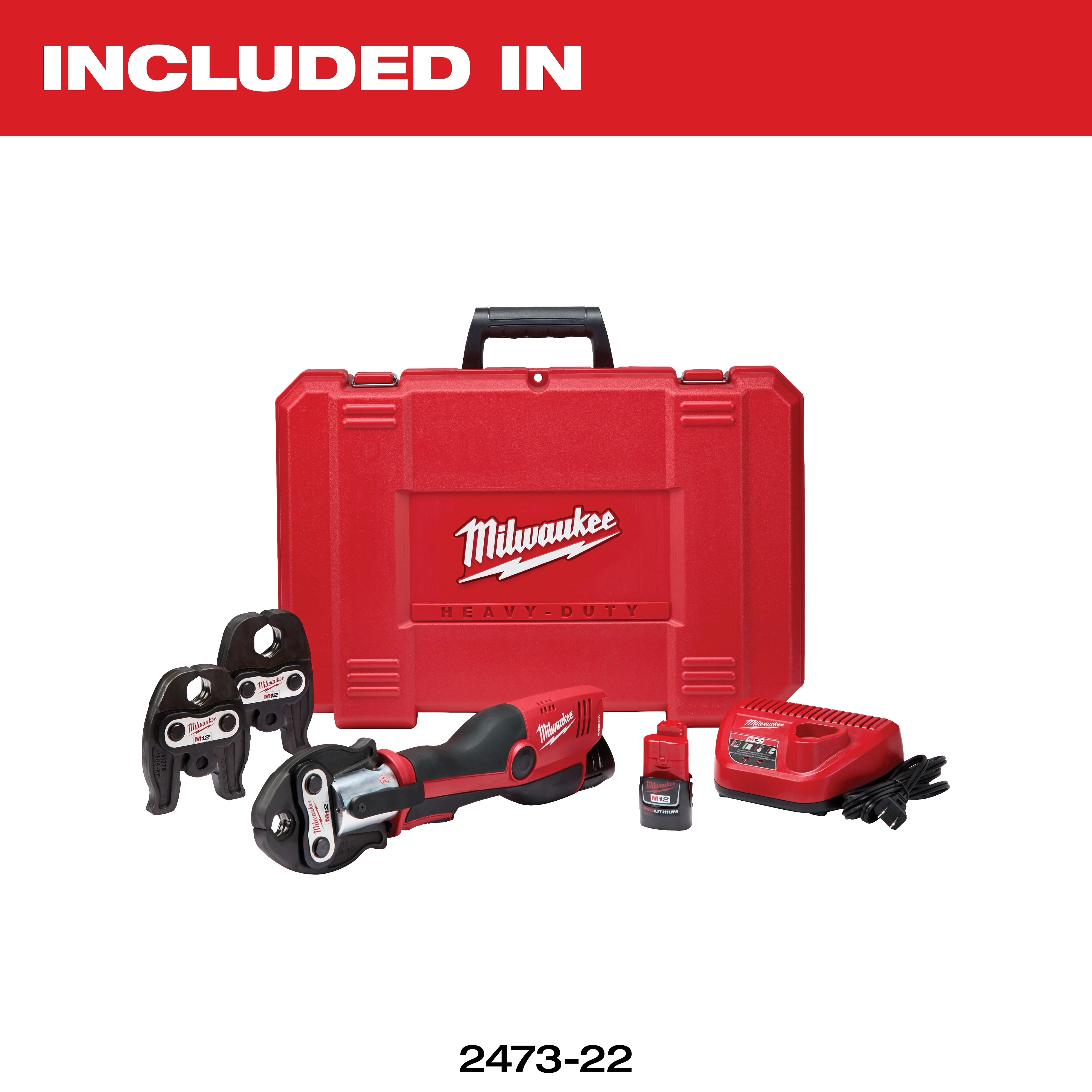 Milwaukee 2473-22 kit includes a red case, crimping tool, battery, charger, and interchangeable crimping heads.