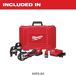 Milwaukee 2473-22 kit includes a red case, crimping tool, battery, charger, and interchangeable crimping heads.