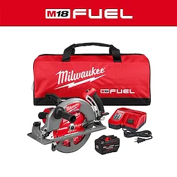 M18 FUEL 10-1/4" Rear Handle Circular Saw with charger, battery pack, and red carrying bag.