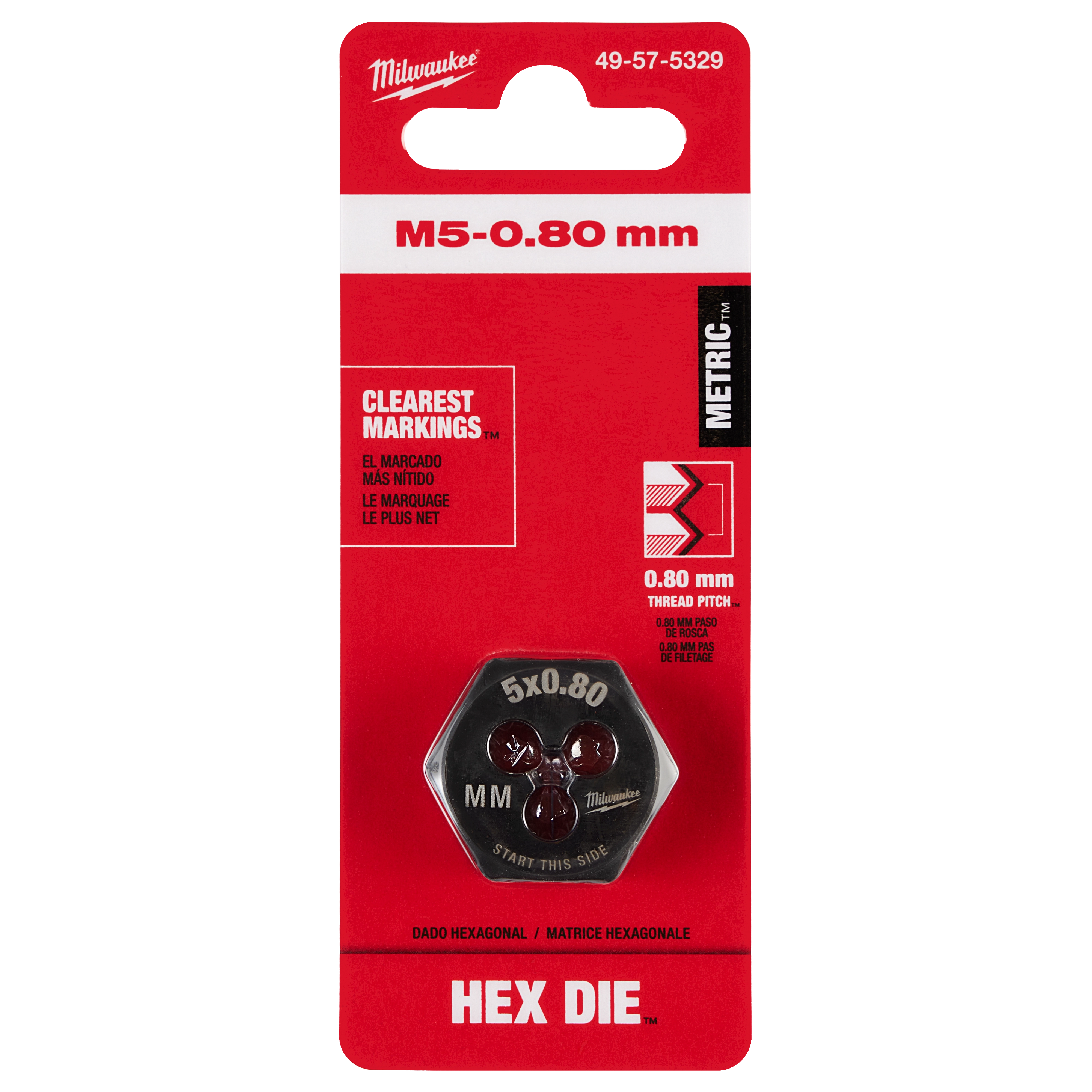 M5-0.80 mm 1-Inch Hex Threading Die in black with clear markings, packaged in a red and white blister card displaying product details.
