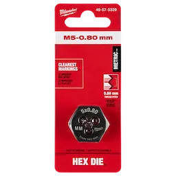 M5-0.80 mm 1-Inch Hex Threading Die in black with clear markings, packaged in a red and white blister card displaying product details.