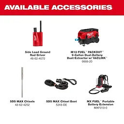 Accessories for the MX FUEL 27 lb SDS MAX Demolition Hammer displayed with labels on a white background.