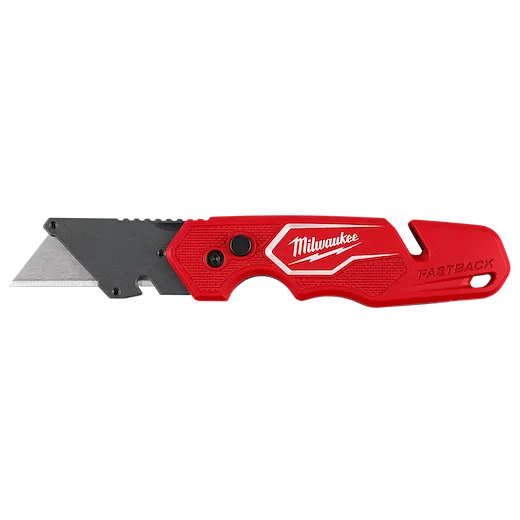 FASTBACK Folding Utility Knife with Blade Storage shown open with a visible metal blade and textured red handle.