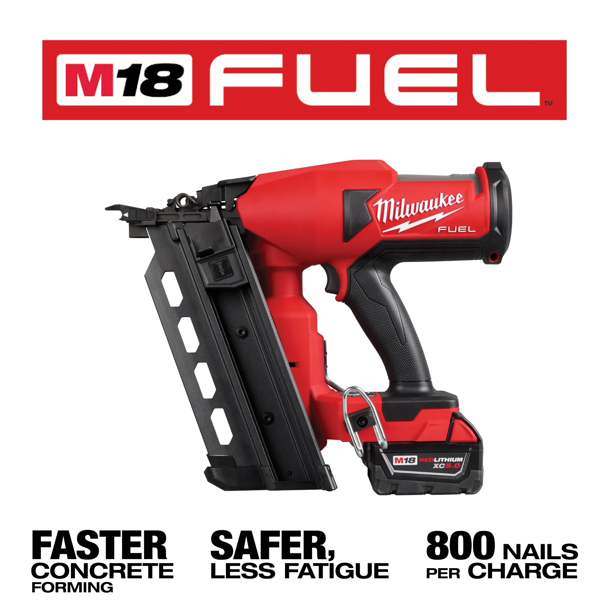 Image of the M18 FUEL Duplex Nailer with the text "M18 FUEL - Faster concrete forming. Safer, less fatigue. 800 nails per charge."