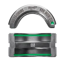 The image displays the 600 MCM Copper U Style Die, consisting of two metal components with green accents. The top piece is semi-circular, and the bottom piece is rectangular with a groove and the number "003" engraved.
