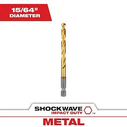 The Shockwave 15/64 in. Titanium Drill Bit features a gold-colored titanium coating for durability. It is indicated for metal drilling and has an impact duty rating. The packaging highlights its 15/64" diameter and the Shockwave branding.