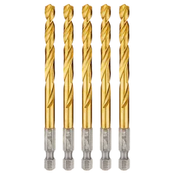 Five Red Helix Titanium Impact Drill Bits are aligned vertically. Each bit has a gold-colored titanium coating and a silver, hexagonal base for secure attachment to a drill. These bits are designed for enhanced durability and impact resistance during heavy-duty drilling tasks.