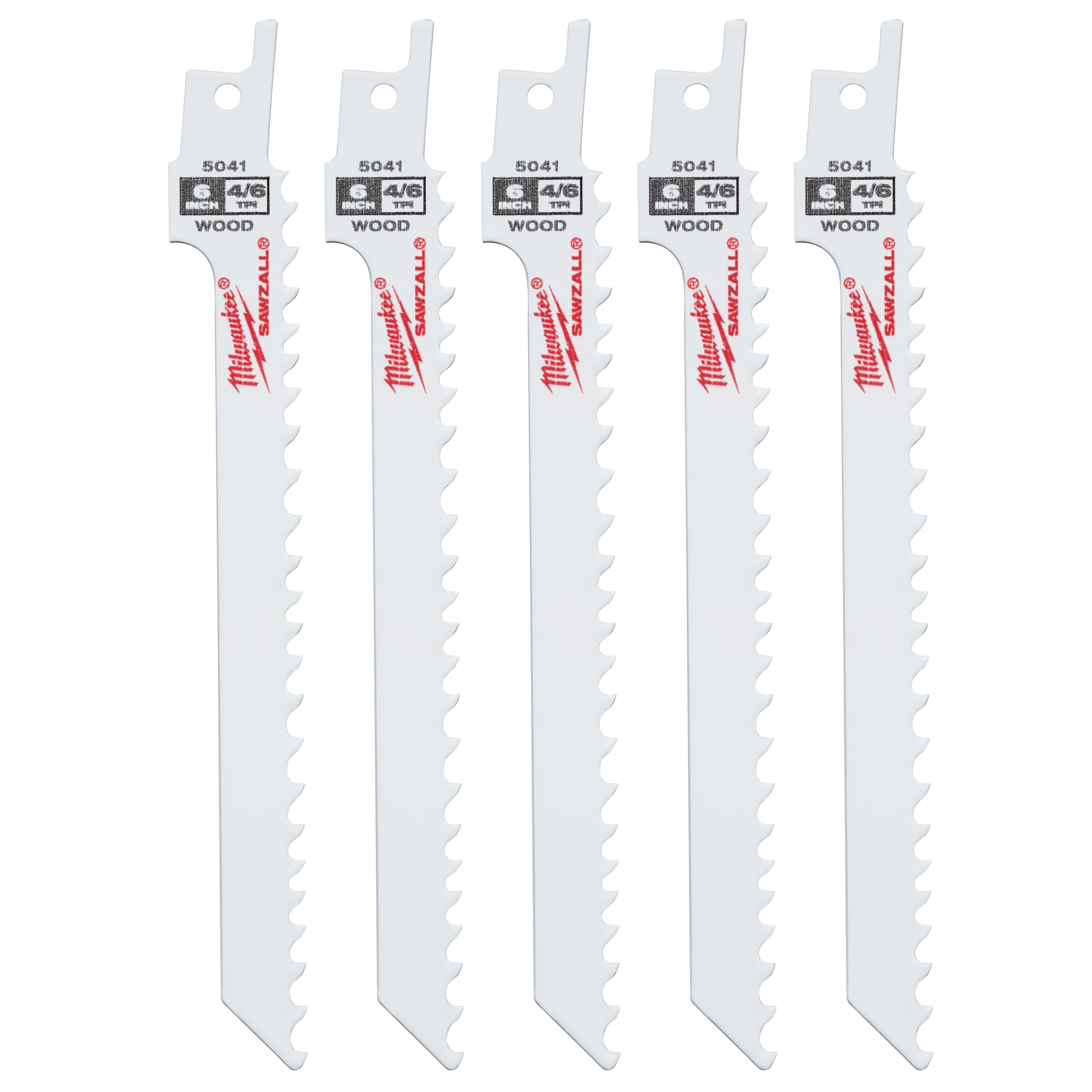 Five white 6" 4/6 TPI SAWZALL® Blades for Wood Scroll (5 PK) are arranged vertically. Each blade has large, evenly-spaced teeth for cutting wood. They display the brand name in red and specifications in black near the top. The package includes five identical blades.