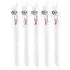 Five white 6" 4/6 TPI SAWZALL® Blades for Wood Scroll (5 PK) are arranged vertically. Each blade has large, evenly-spaced teeth for cutting wood. They display the brand name in red and specifications in black near the top. The package includes five identical blades.