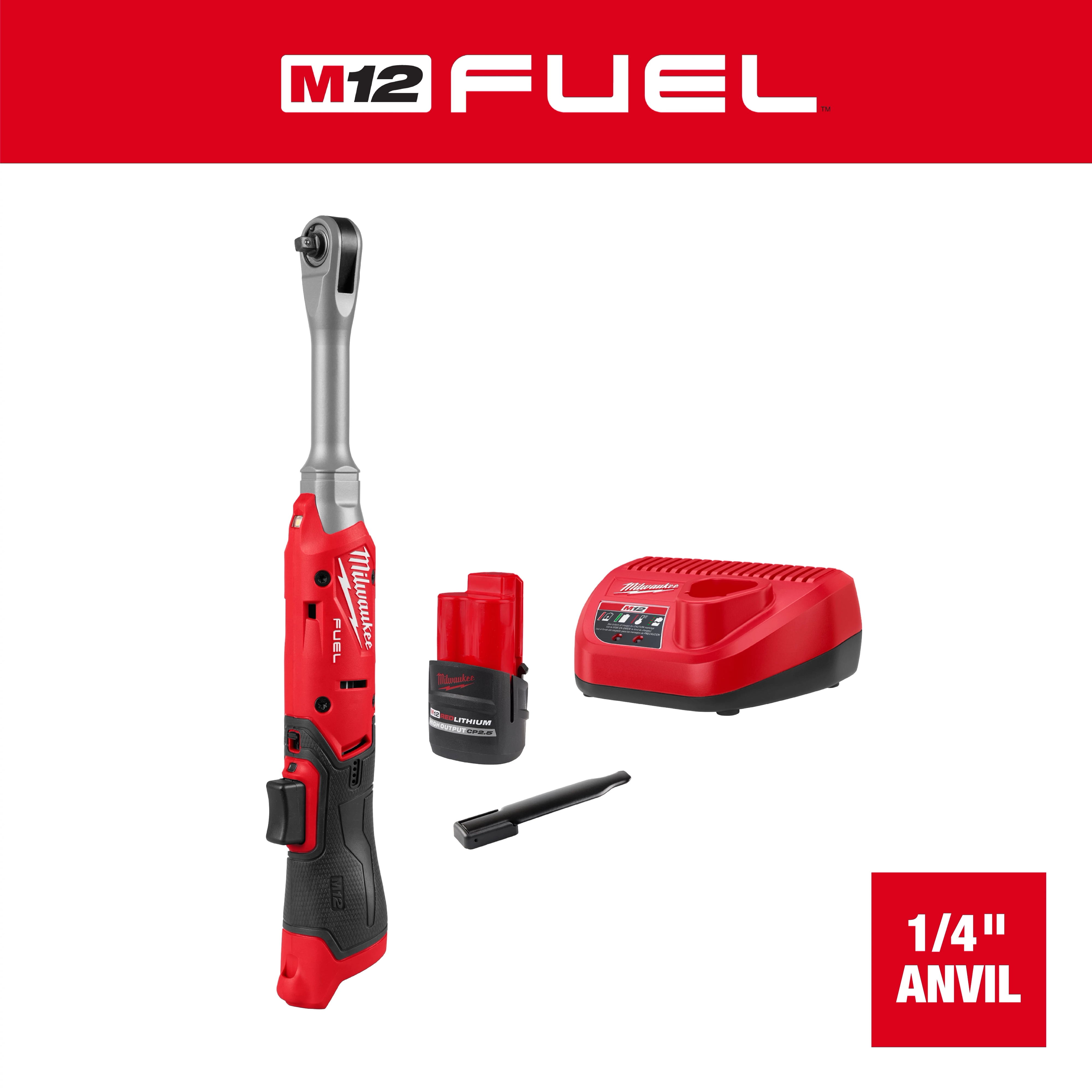 M12 FUEL 1/4" Extended Reach Ratchet with battery, charger, and accessory on a plain background.