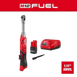 M12 FUEL 1/4" Extended Reach Ratchet with battery, charger, and accessory on a plain background.