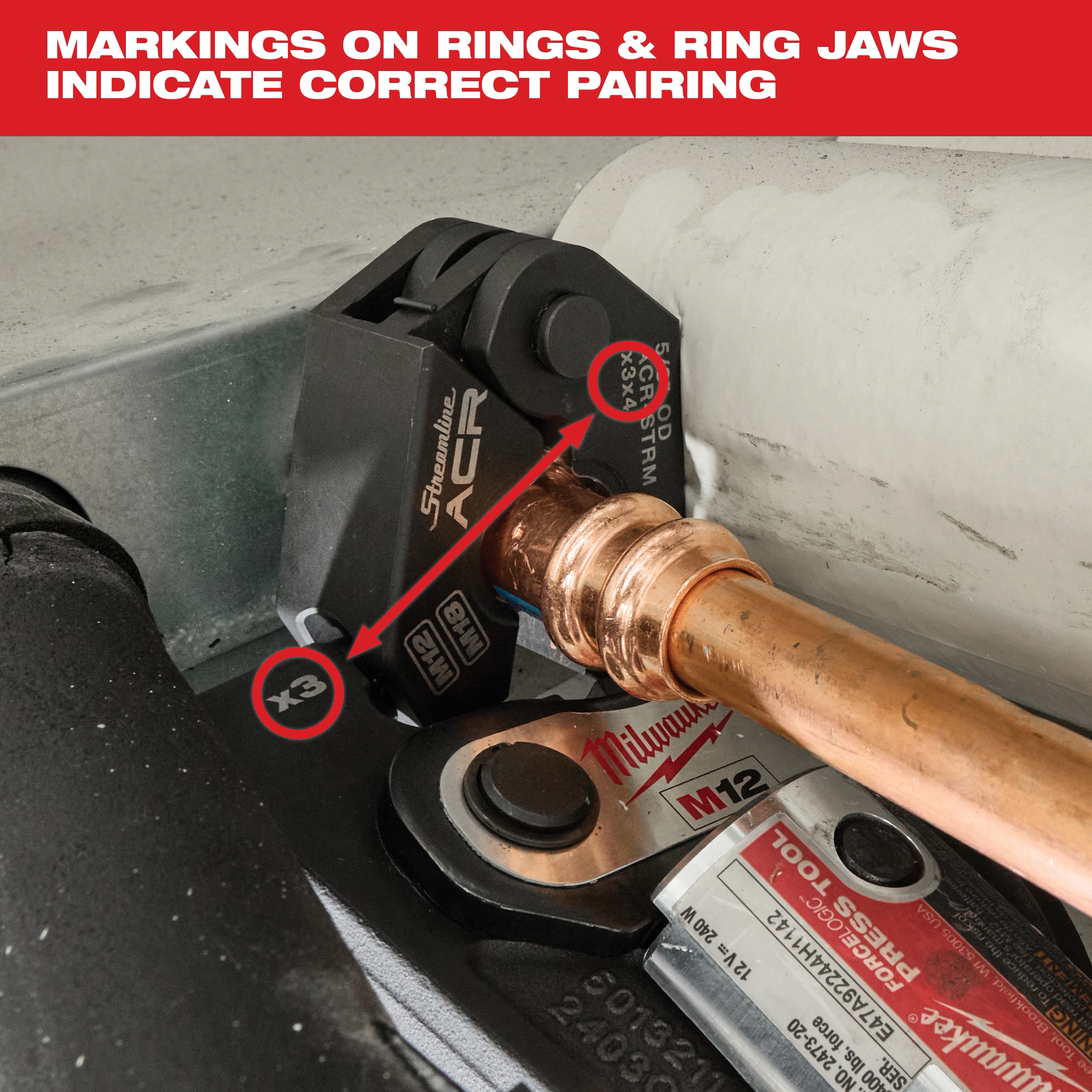 Mueller Streamline® ACR Pivoting Press Ring is shown in use, connected to a copper pipe. The press ring and ring jaws have markings that indicate correct pairing. The background shows part of a Milwaukee tool.