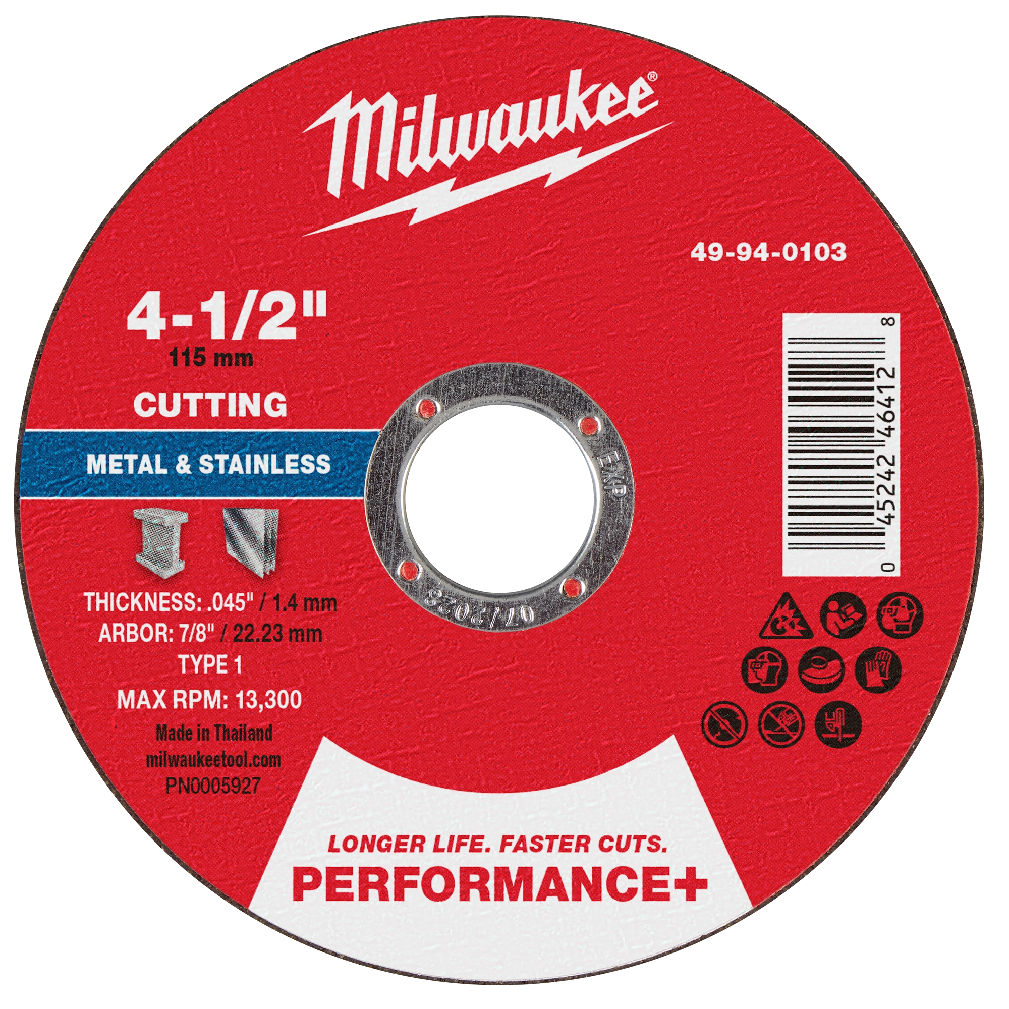 4-1/2" x .045" x 7/8" Performance+ Metal Cut Off Wheel - Type 1 for cutting metal and stainless steel, max RPM 13,300.