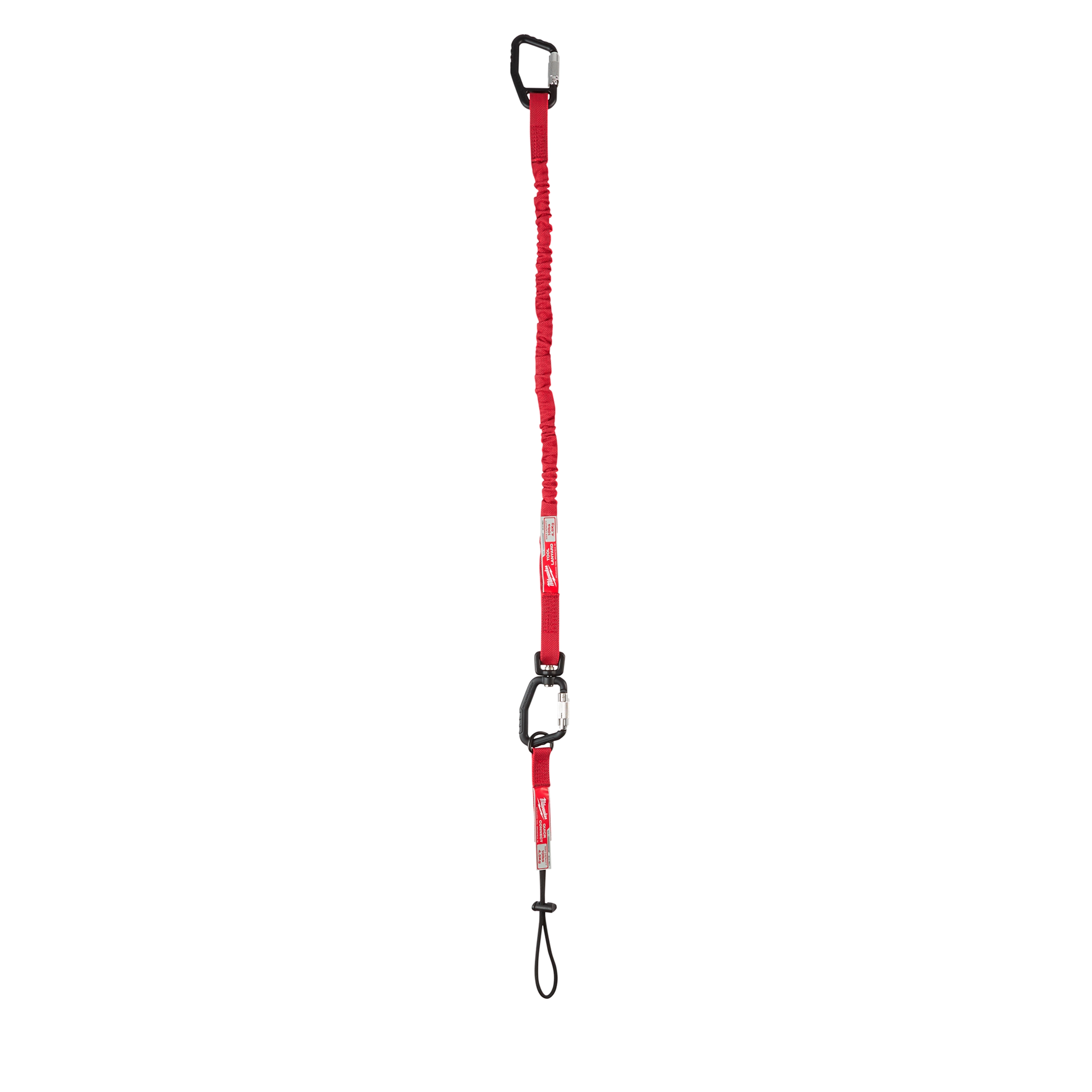 10%20LB%20QUICK-CONNECT%20Locking%20Tool%20Lanyard%20w%2F%2010%20LB%20Accessory, red with black carabiners and elastic webbing.