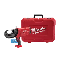 The M18™ FORCE LOGIC™ 750 MCM Crimper w/ #6 - 750 MCM Al Dies Kit is a red handheld electrical tool designed for crimping aluminum wires. It is shown with a matching red storage case displaying Milwaukee branding on the front. The tool features an ergonomic handle and connectivity symbol.