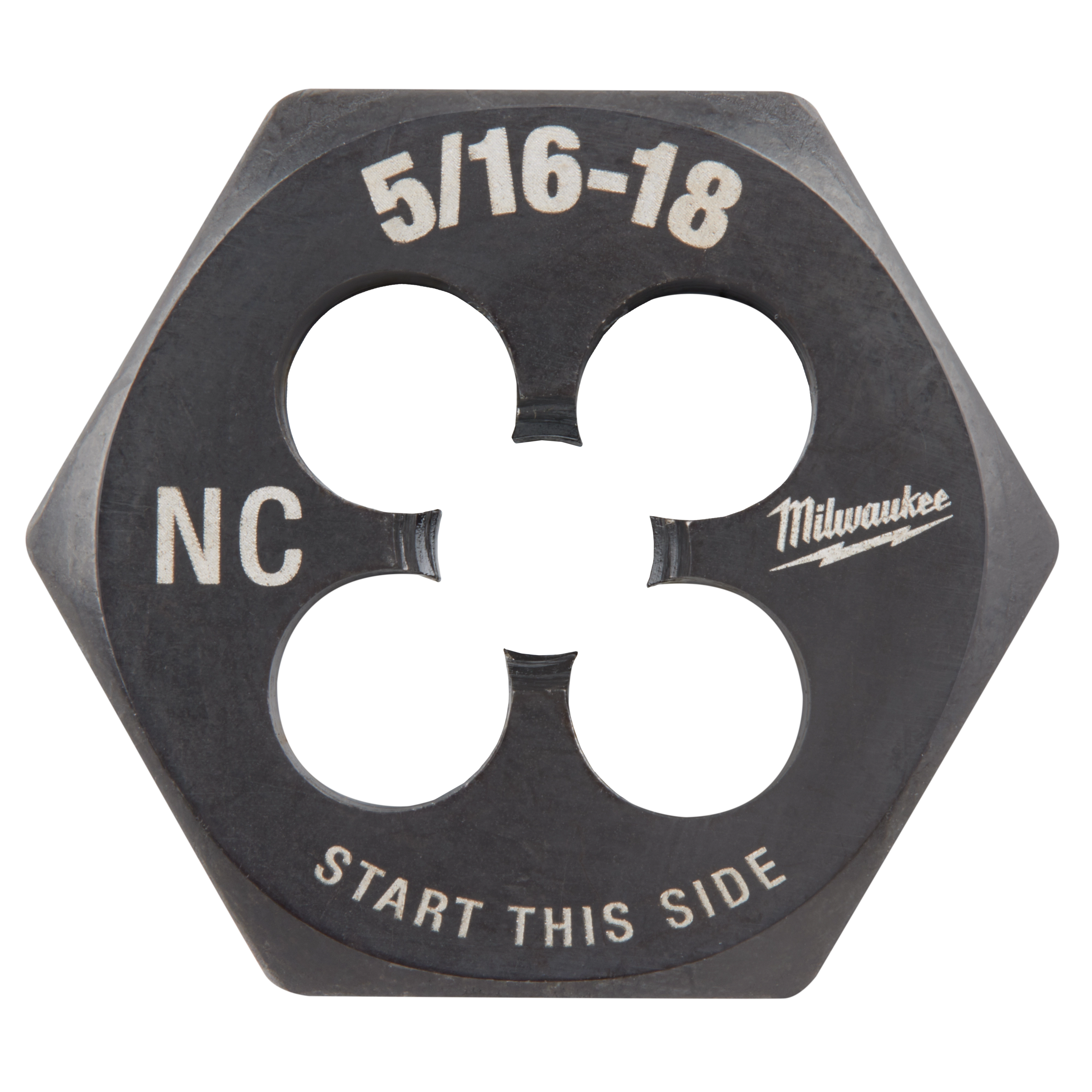 5/16"-18 NC 1-Inch Hex Die features a black hexagonal shape with four circular openings, marked "START THIS SIDE."