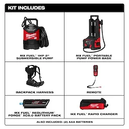 An image displaying a kit that includes an MX FUEL™ Portable Pump Power Base, MX FUEL™ 1HP 2" Submersible Pump, Backpack Harness, Remote, MX FUEL™ REDLITHIUM™ FORGE™ XC8.0 Battery Pack, and MX FUEL™ Rapid Charger. The kit also includes two AAA batteries.