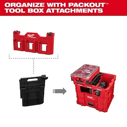 Divider for PACKOUT XL Crate shown with crate and toolbox attachments for organized tool storage.