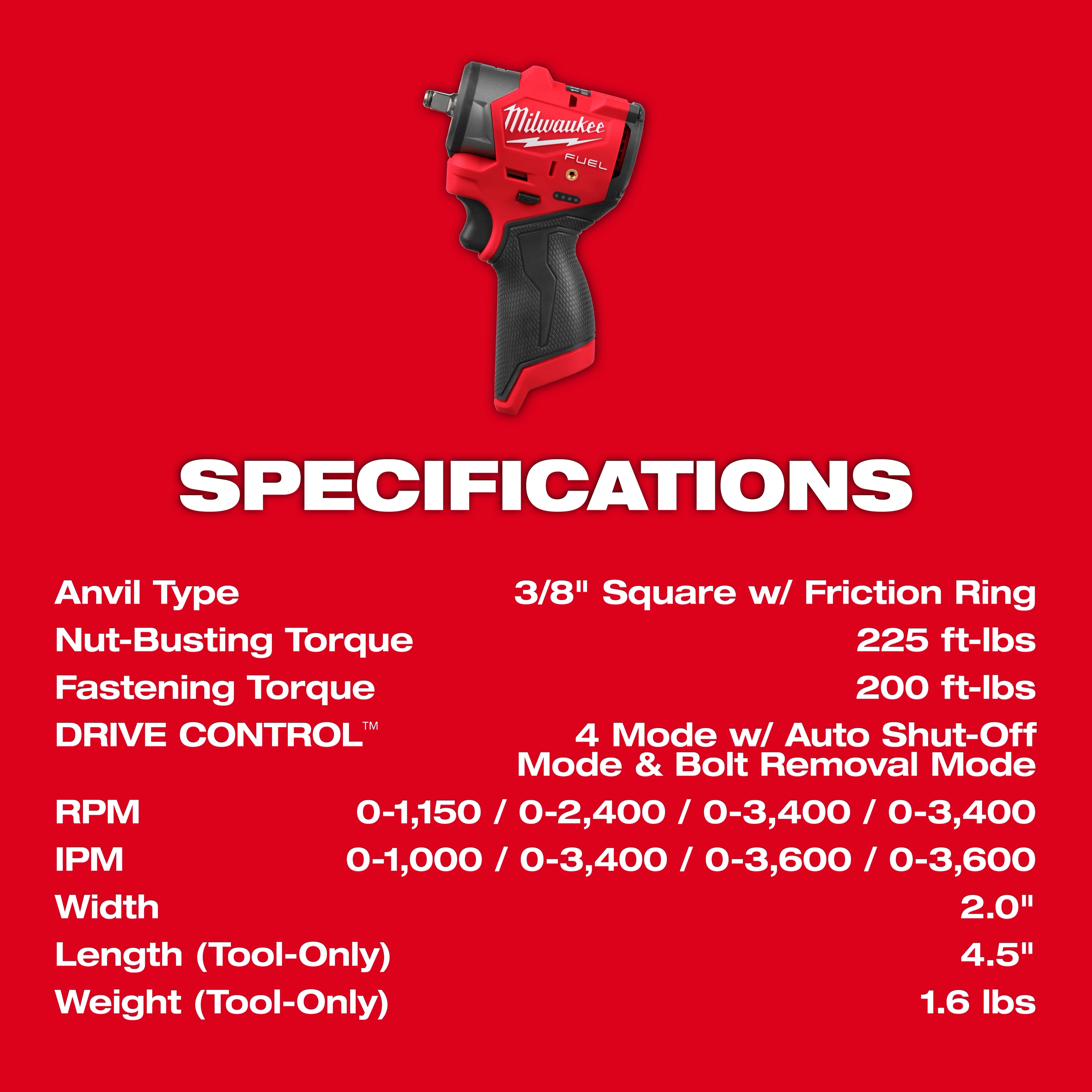 The M12 FUEL™ 3/8" Subcompact Impact Wrench w/ Friction Ring is shown with detailed specifications including torque, drive control, RPM, dimensions, and weight.